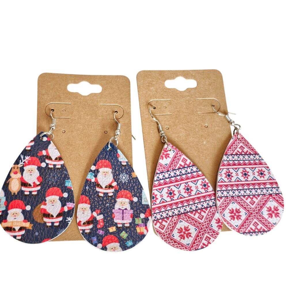 Christmas Teardrop Earrings Lot Santa Nordic Print Faux Leather Holiday Lot of 2